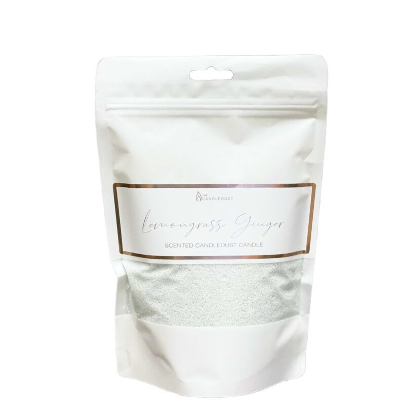 CandleDust - Lemongrass Ginger Candle Refill pouch which includes 330g of scented powder wax and 2 sustainer wicks