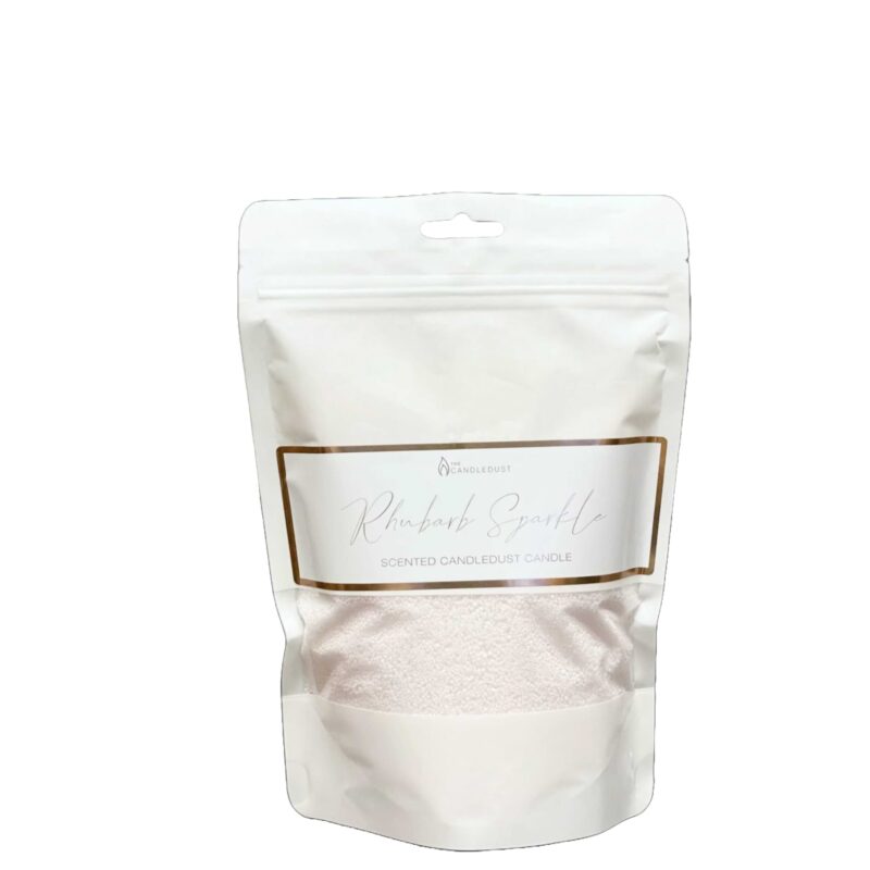 CandleDust - Rhubarb Sparkle Candle Refill pouch which includes 330g of scented powder wax and 2 sustainer wicks